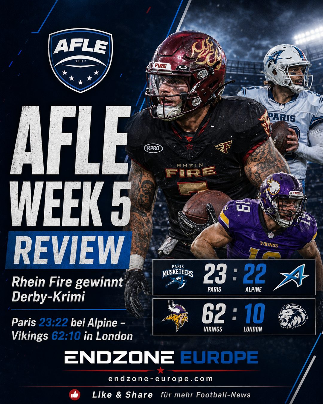 AFLE Week 5 Review: Rhein Fire gana el derbi y Vikings domina Londres – Endzone Europe