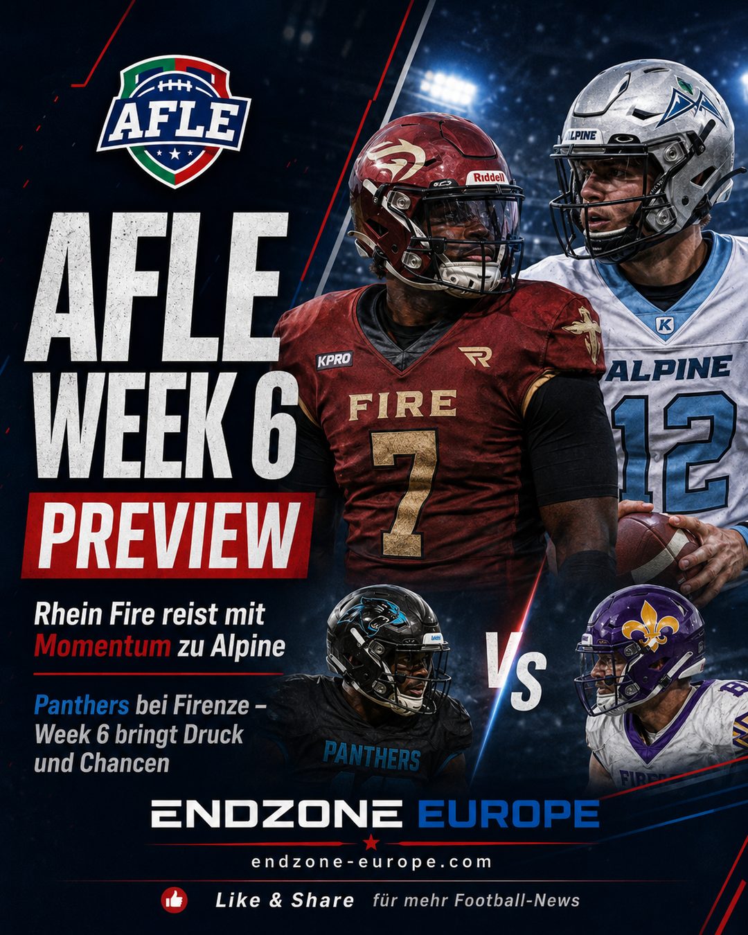 AFLE Week 6 Preview: Rhein Fire reist mit Momentum zu Alpine Rams – Endzone Europe