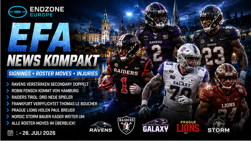 EFA News kompakt: Ravens rüsten nach – Raiders, Lions und Nordic Storm mit Roster-Moves – Endzone Europe
