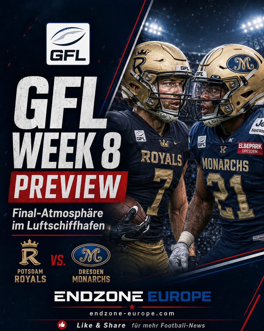 GFL Week 8 Preview: Potsdam Royals gegen Dresden Monarchs mit Final-Atmosphäre – Endzone Europe